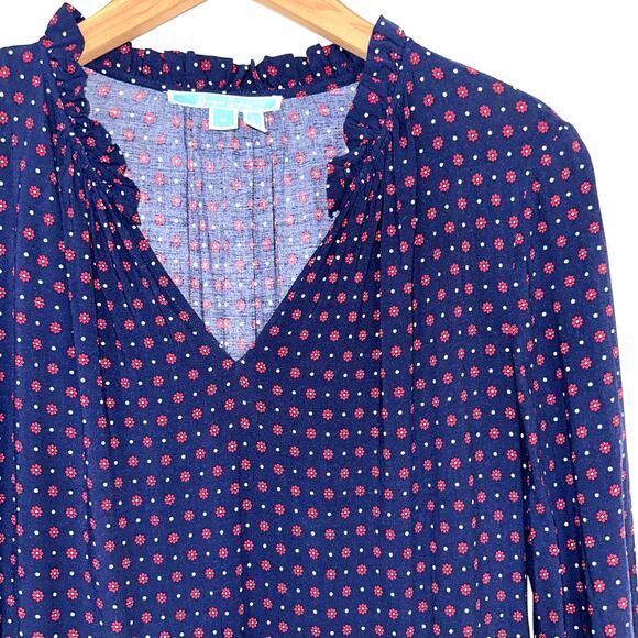 Draper James Printed Popover Tie Dress in Nassau Navy Blue Red Floral Polka Dot - Picture 4 of 16